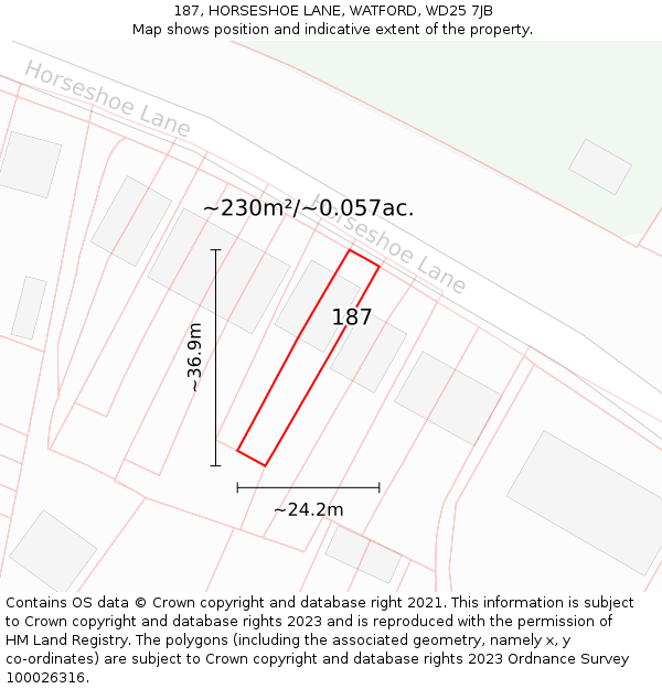 187, HORSESHOE LANE, WATFORD, WD25 7JB: Plot and title map