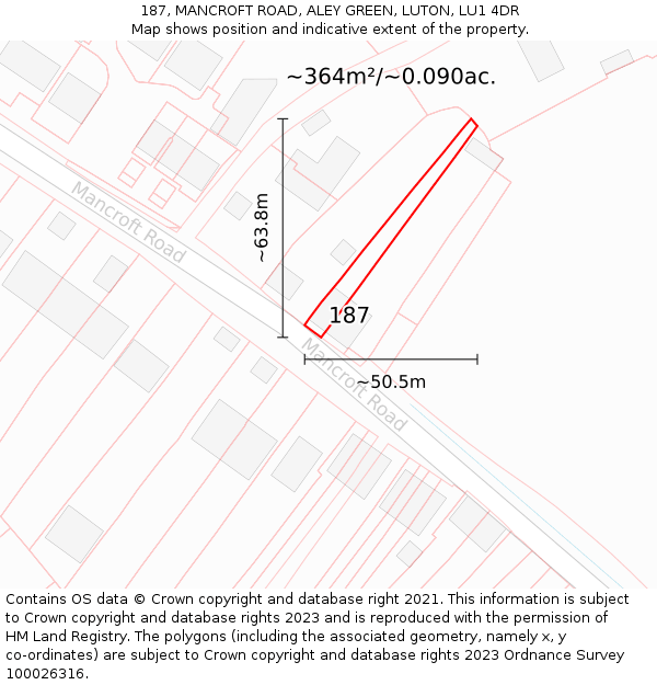 187, MANCROFT ROAD, ALEY GREEN, LUTON, LU1 4DR: Plot and title map