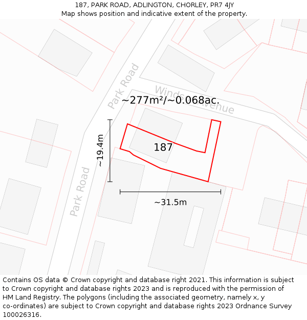 187, PARK ROAD, ADLINGTON, CHORLEY, PR7 4JY: Plot and title map