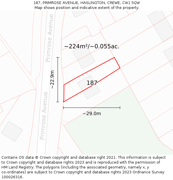 187, PRIMROSE AVENUE, HASLINGTON, CREWE, CW1 5QW: Plot and title map