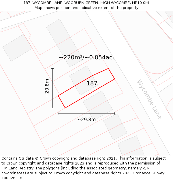 187, WYCOMBE LANE, WOOBURN GREEN, HIGH WYCOMBE, HP10 0HL: Plot and title map