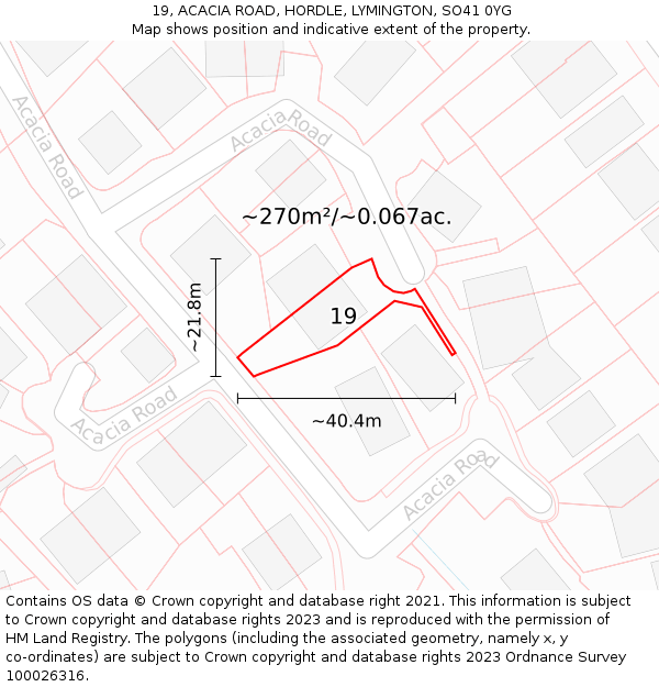 19, ACACIA ROAD, HORDLE, LYMINGTON, SO41 0YG: Plot and title map