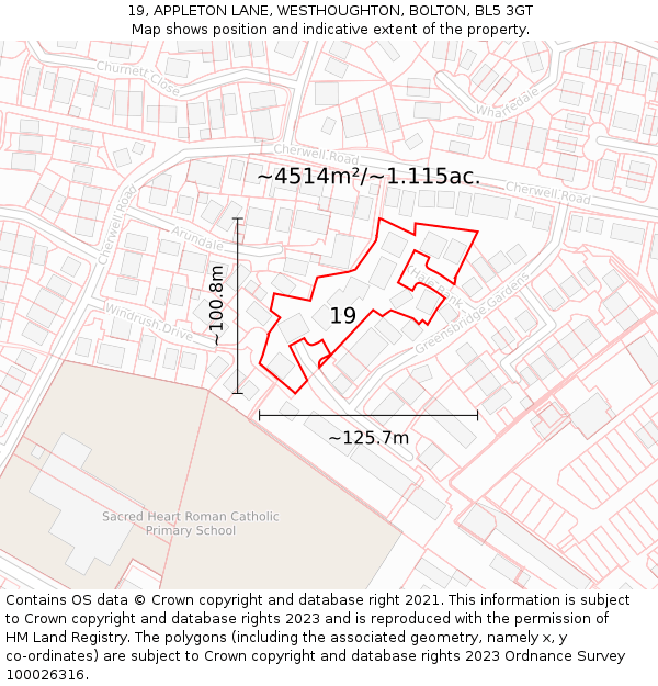 19, APPLETON LANE, WESTHOUGHTON, BOLTON, BL5 3GT: Plot and title map