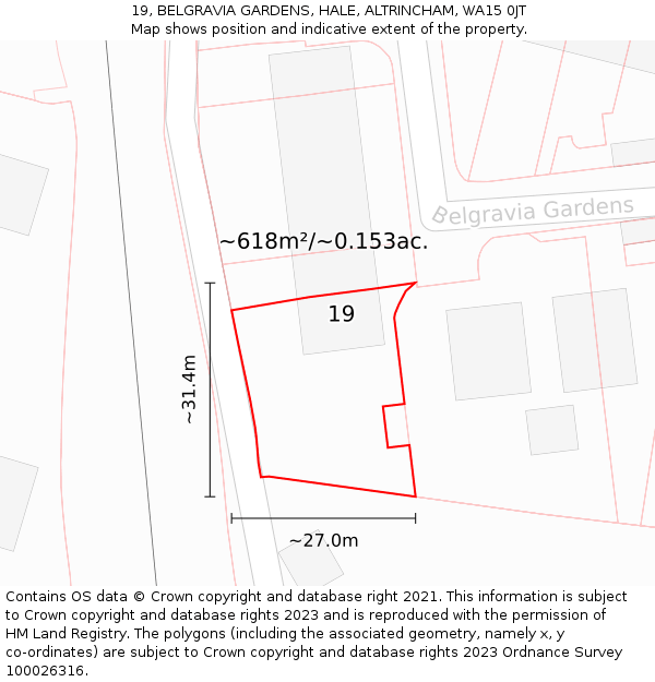 19, BELGRAVIA GARDENS, HALE, ALTRINCHAM, WA15 0JT: Plot and title map