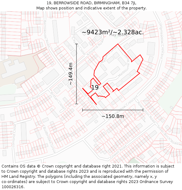 19, BERROWSIDE ROAD, BIRMINGHAM, B34 7JL: Plot and title map