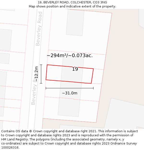 19, BEVERLEY ROAD, COLCHESTER, CO3 3NG: Plot and title map