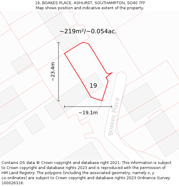 19, BOAKES PLACE, ASHURST, SOUTHAMPTON, SO40 7FF: Plot and title map