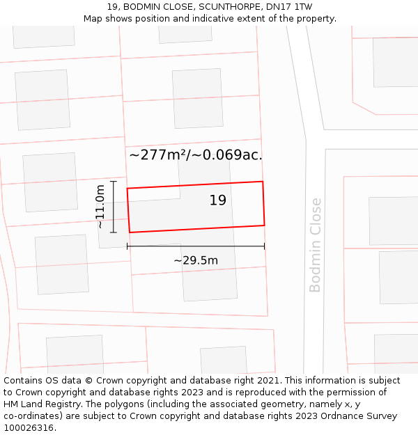 19, BODMIN CLOSE, SCUNTHORPE, DN17 1TW: Plot and title map