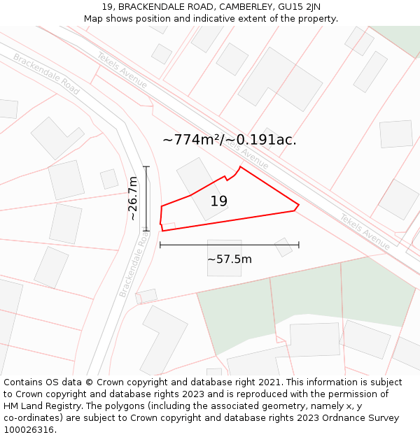 19, BRACKENDALE ROAD, CAMBERLEY, GU15 2JN: Plot and title map