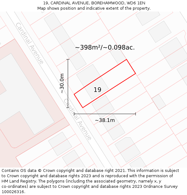 19, CARDINAL AVENUE, BOREHAMWOOD, WD6 1EN: Plot and title map