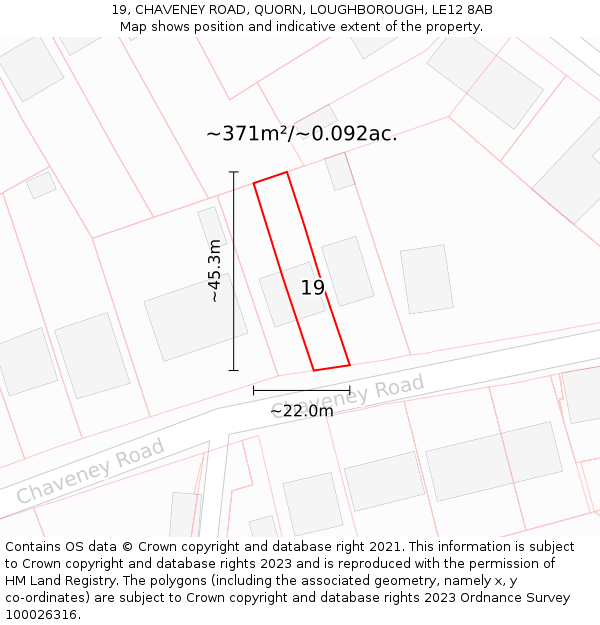 19, CHAVENEY ROAD, QUORN, LOUGHBOROUGH, LE12 8AB: Plot and title map