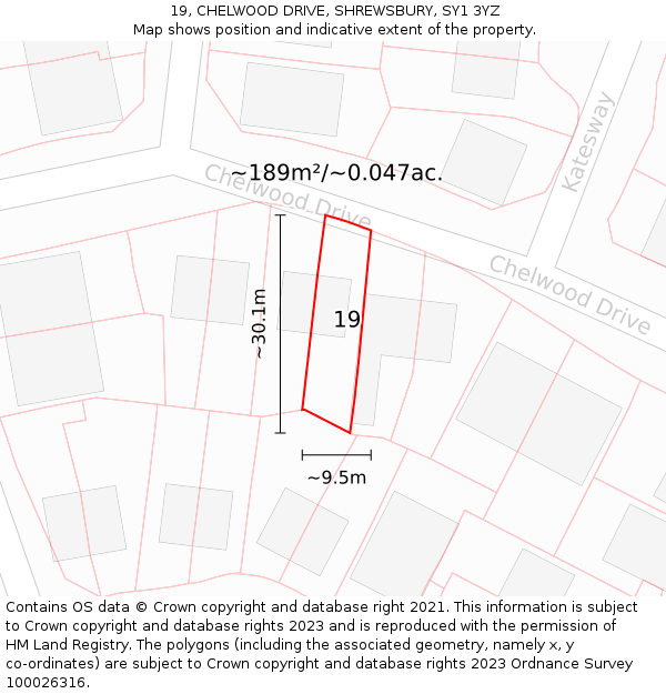 19, CHELWOOD DRIVE, SHREWSBURY, SY1 3YZ: Plot and title map