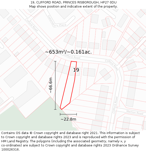 19, CLIFFORD ROAD, PRINCES RISBOROUGH, HP27 0DU: Plot and title map