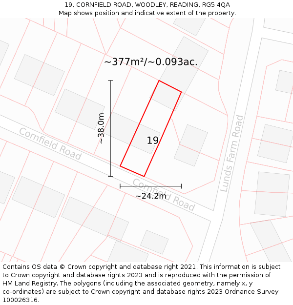 19, CORNFIELD ROAD, WOODLEY, READING, RG5 4QA: Plot and title map