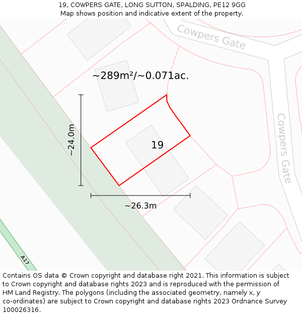 19, COWPERS GATE, LONG SUTTON, SPALDING, PE12 9GG: Plot and title map