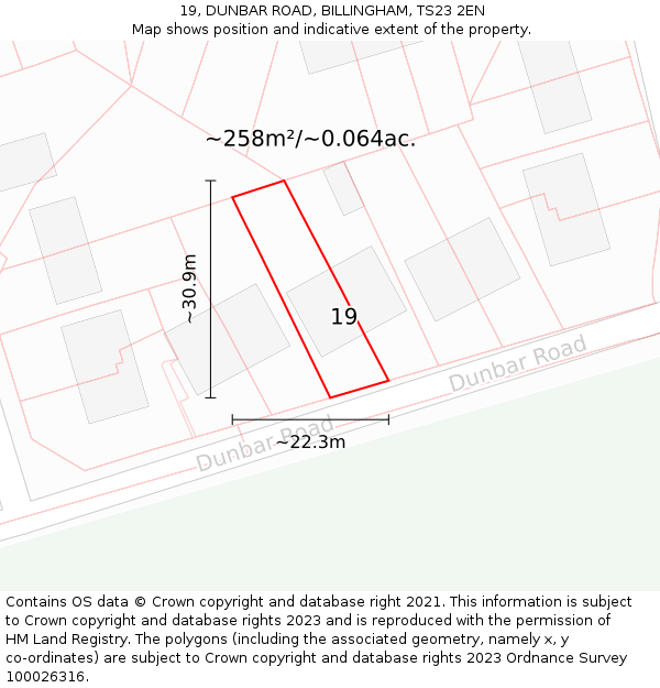 19, DUNBAR ROAD, BILLINGHAM, TS23 2EN: Plot and title map