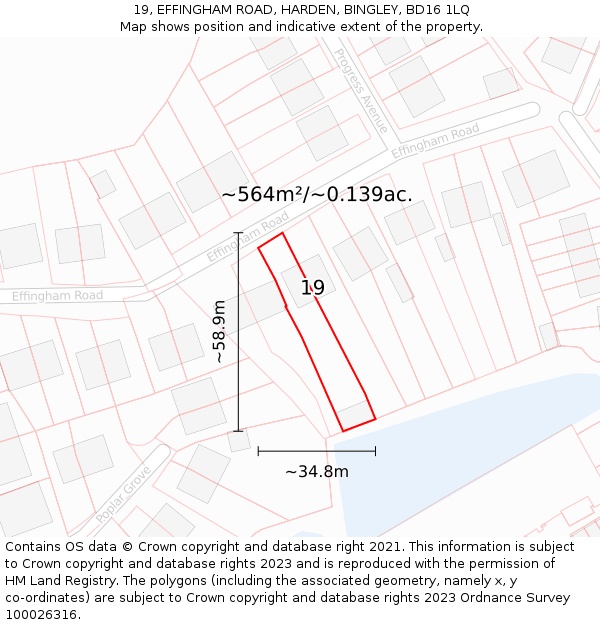 19, EFFINGHAM ROAD, HARDEN, BINGLEY, BD16 1LQ: Plot and title map