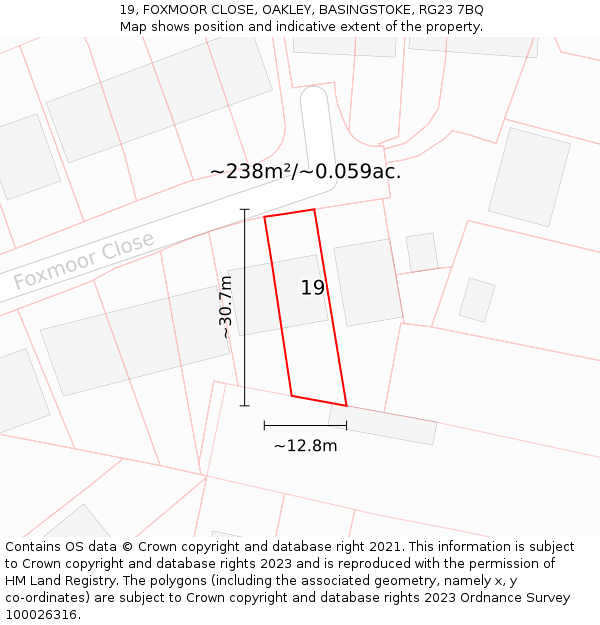 19, FOXMOOR CLOSE, OAKLEY, BASINGSTOKE, RG23 7BQ: Plot and title map