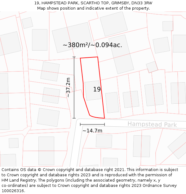 19, HAMPSTEAD PARK, SCARTHO TOP, GRIMSBY, DN33 3RW: Plot and title map