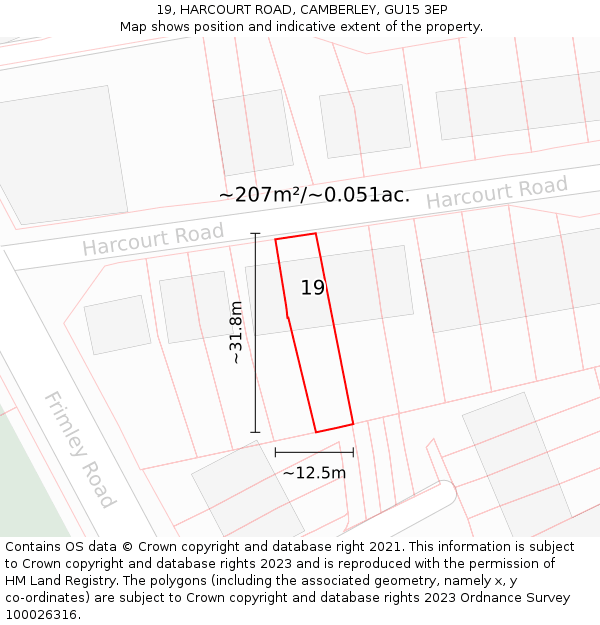 19, HARCOURT ROAD, CAMBERLEY, GU15 3EP: Plot and title map