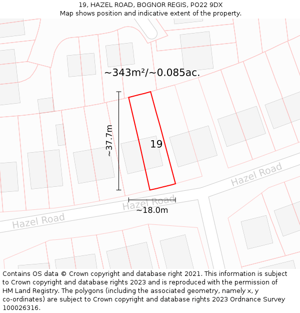 19, HAZEL ROAD, BOGNOR REGIS, PO22 9DX: Plot and title map