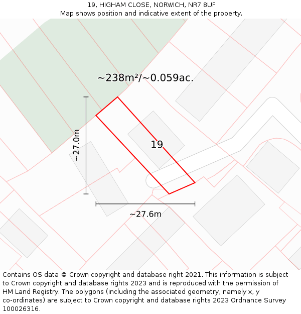 19, HIGHAM CLOSE, NORWICH, NR7 8UF: Plot and title map