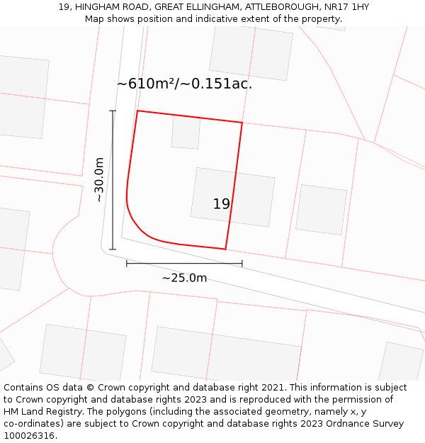 19, HINGHAM ROAD, GREAT ELLINGHAM, ATTLEBOROUGH, NR17 1HY: Plot and title map