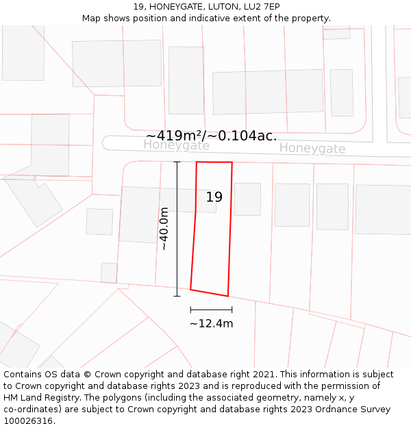 19, HONEYGATE, LUTON, LU2 7EP: Plot and title map