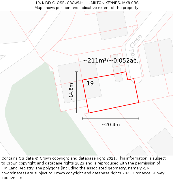 19, KIDD CLOSE, CROWNHILL, MILTON KEYNES, MK8 0BS: Plot and title map