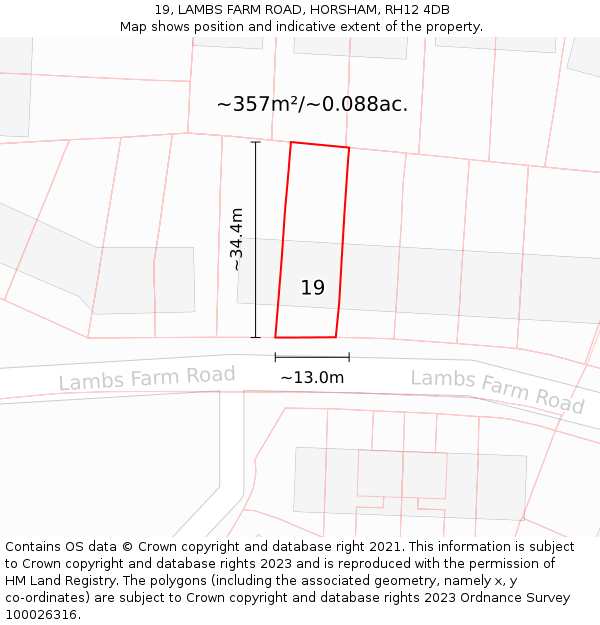 19, LAMBS FARM ROAD, HORSHAM, RH12 4DB: Plot and title map