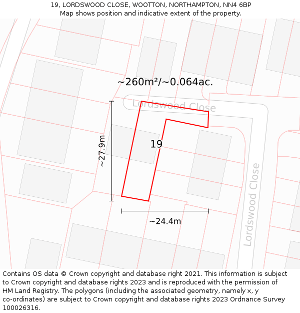 19, LORDSWOOD CLOSE, WOOTTON, NORTHAMPTON, NN4 6BP: Plot and title map