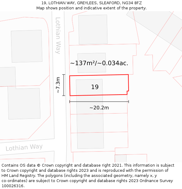 19, LOTHIAN WAY, GREYLEES, SLEAFORD, NG34 8FZ: Plot and title map