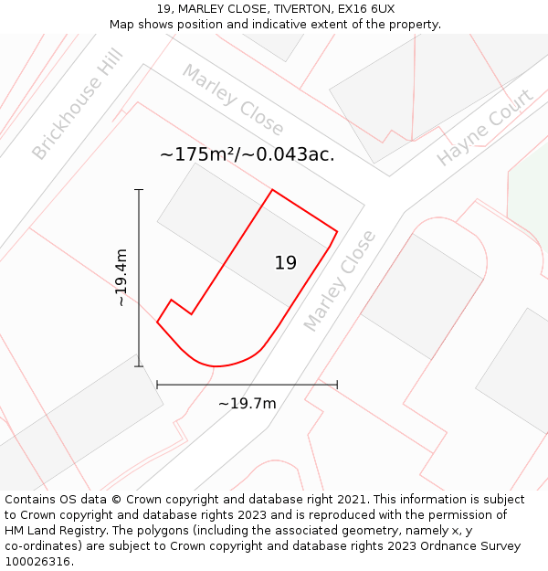 19, MARLEY CLOSE, TIVERTON, EX16 6UX: Plot and title map