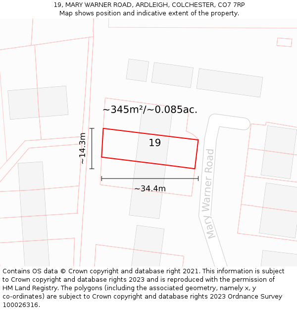 19, MARY WARNER ROAD, ARDLEIGH, COLCHESTER, CO7 7RP: Plot and title map