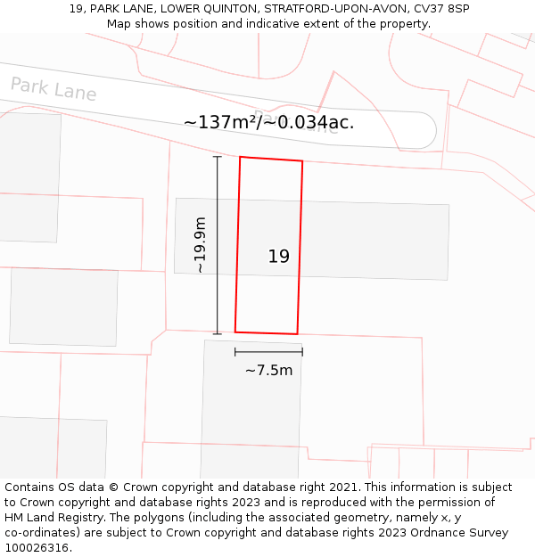 19, PARK LANE, LOWER QUINTON, STRATFORD-UPON-AVON, CV37 8SP: Plot and title map