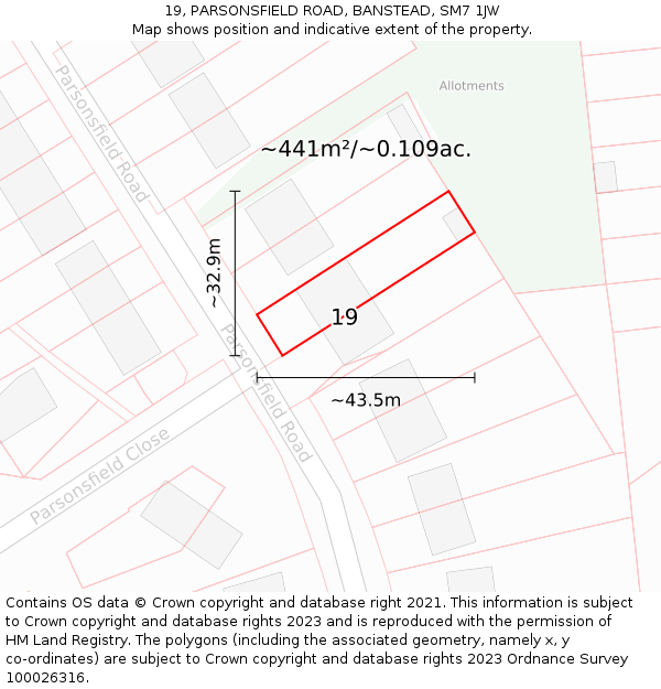 19, PARSONSFIELD ROAD, BANSTEAD, SM7 1JW: Plot and title map