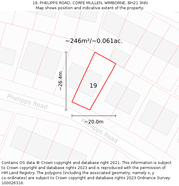 19, PHELIPPS ROAD, CORFE MULLEN, WIMBORNE, BH21 3NN: Plot and title map