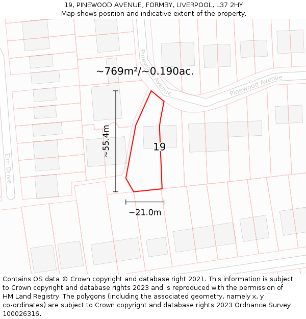 19, PINEWOOD AVENUE, FORMBY, LIVERPOOL, L37 2HY: Plot and title map