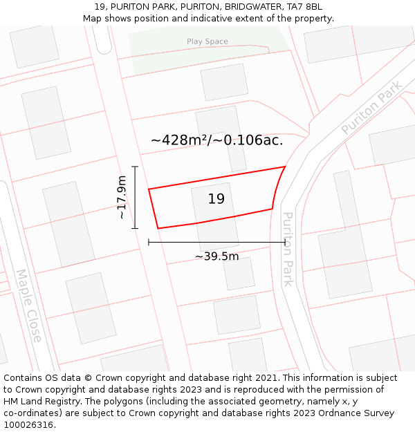 19, PURITON PARK, PURITON, BRIDGWATER, TA7 8BL: Plot and title map