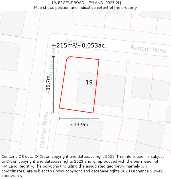 19, REGENT ROAD, LEYLAND, PR25 2LJ: Plot and title map