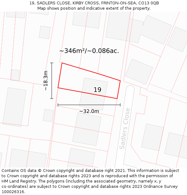 19, SADLERS CLOSE, KIRBY CROSS, FRINTON-ON-SEA, CO13 0QB: Plot and title map