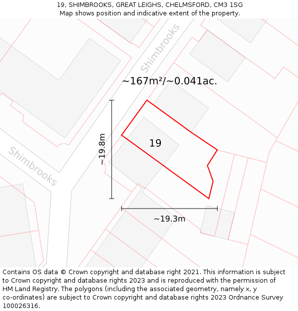 19, SHIMBROOKS, GREAT LEIGHS, CHELMSFORD, CM3 1SG: Plot and title map