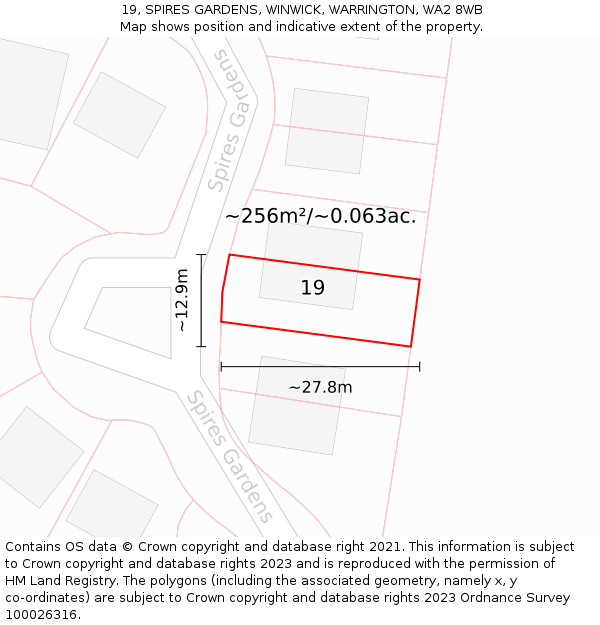 19, SPIRES GARDENS, WINWICK, WARRINGTON, WA2 8WB: Plot and title map