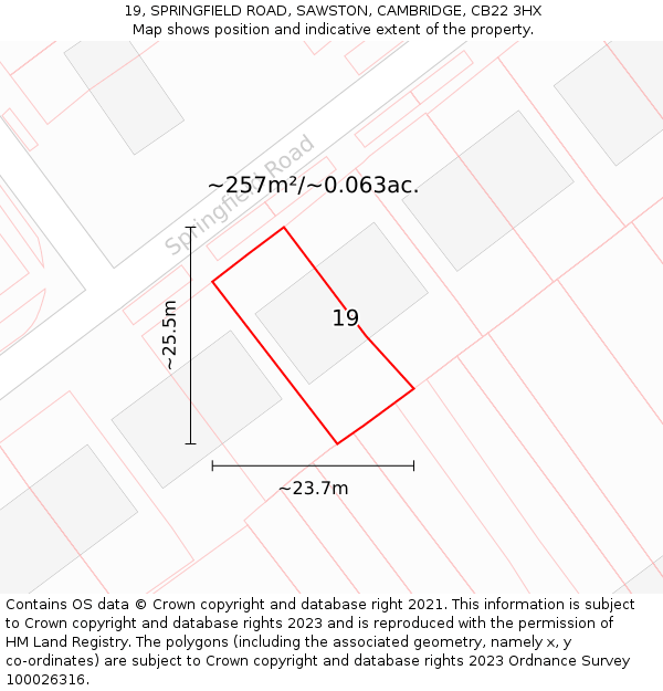 19, SPRINGFIELD ROAD, SAWSTON, CAMBRIDGE, CB22 3HX: Plot and title map