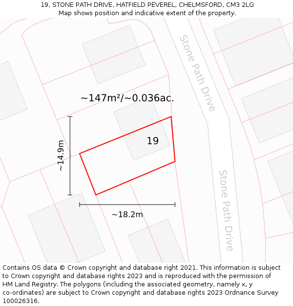 19, STONE PATH DRIVE, HATFIELD PEVEREL, CHELMSFORD, CM3 2LG: Plot and title map