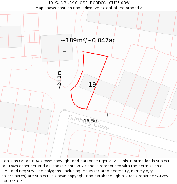 19, SUNBURY CLOSE, BORDON, GU35 0BW: Plot and title map