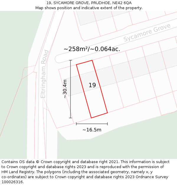 19, SYCAMORE GROVE, PRUDHOE, NE42 6QA: Plot and title map