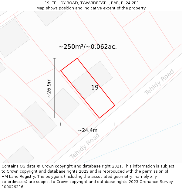 19, TEHIDY ROAD, TYWARDREATH, PAR, PL24 2PF: Plot and title map