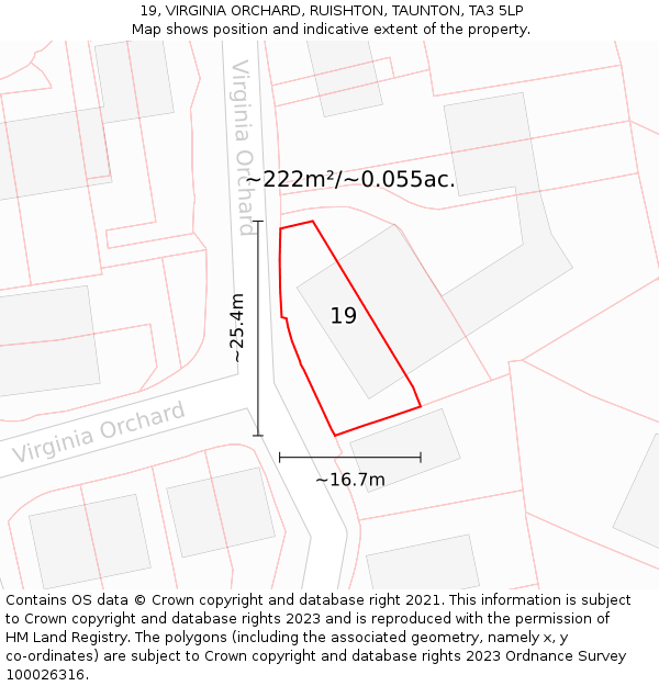 19, VIRGINIA ORCHARD, RUISHTON, TAUNTON, TA3 5LP: Plot and title map