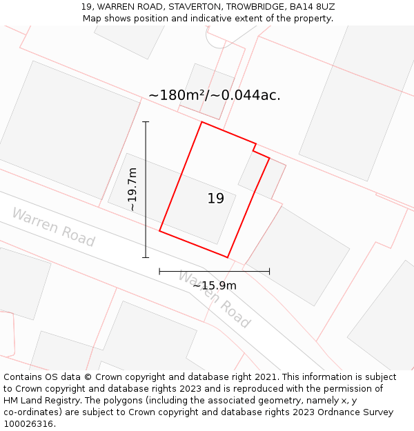 19, WARREN ROAD, STAVERTON, TROWBRIDGE, BA14 8UZ: Plot and title map